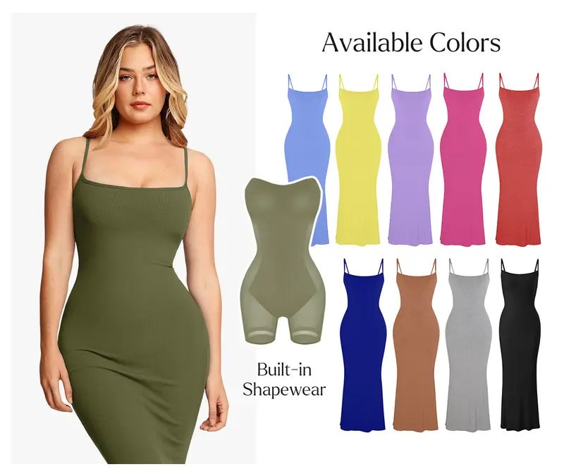 Popilush  Sexy Bodycon Dress Spaghetti Strap Shapewear Tummy Control Soft Fabric Maxi Midi Min Fit Ribbed