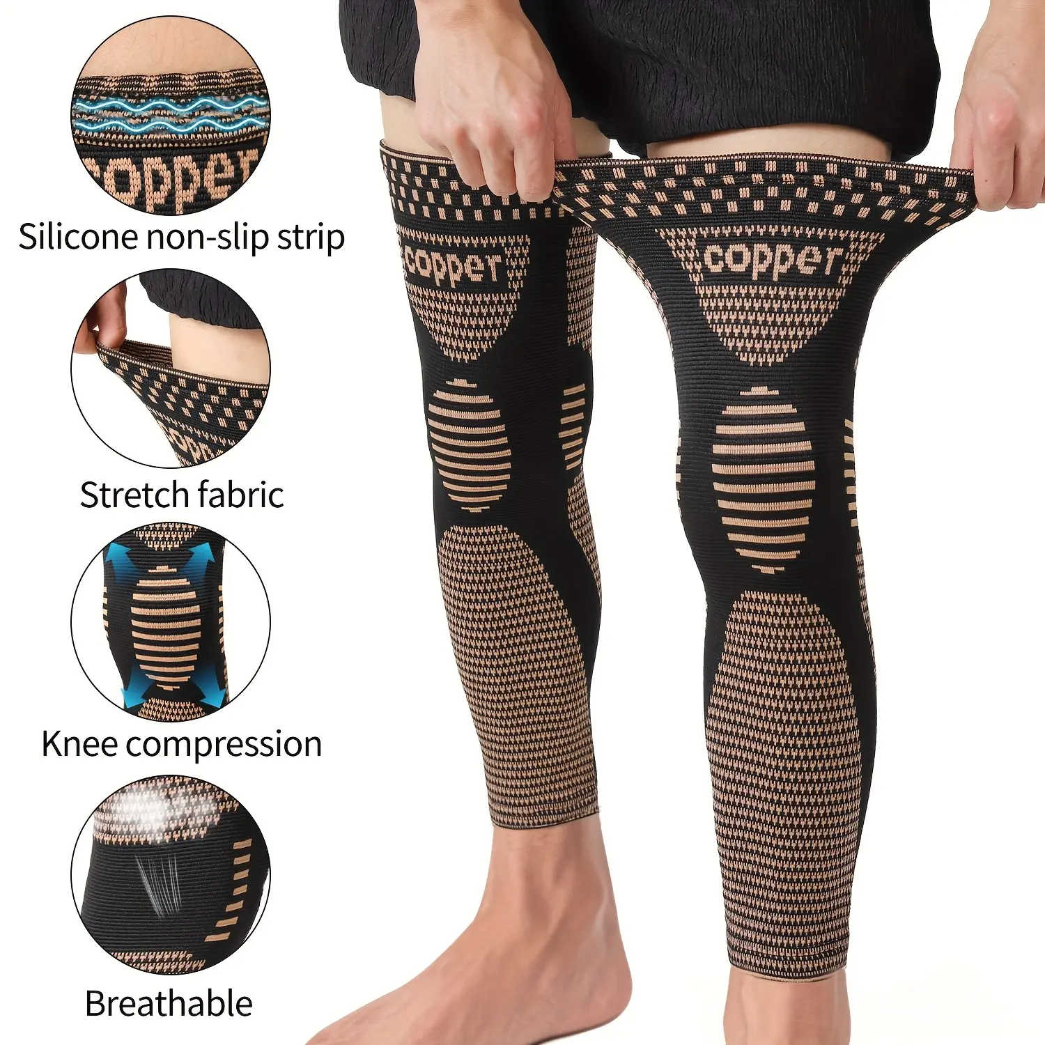 2pcs Copper Long Knitted Compression Knee Braces - Full Leg Compression Sleeves for Men & Women - Support for Exercise, Daily Life, Work, Fitness Running, Basketball, Volleyball - Made with Textile Materials
