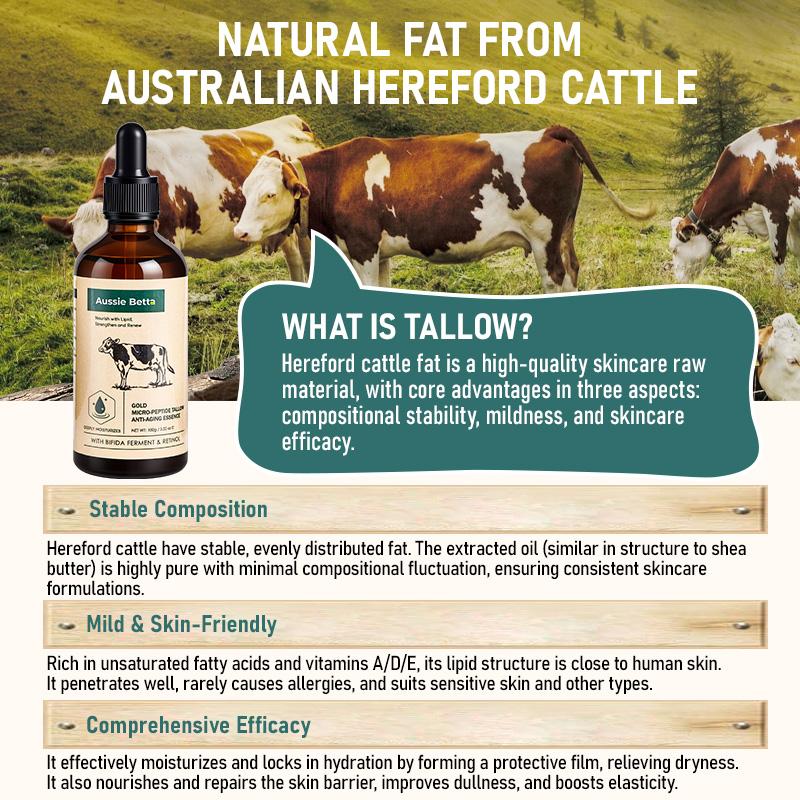 Aussie Betta Australian Pure Beef Tallow Golden Micro Peptide Serum with Niacinamide and Bifida Skin Repair Formula for Fine Lines and Dark Spots No Irritation Visible Results Anti Aging Firming Deep Hydratio