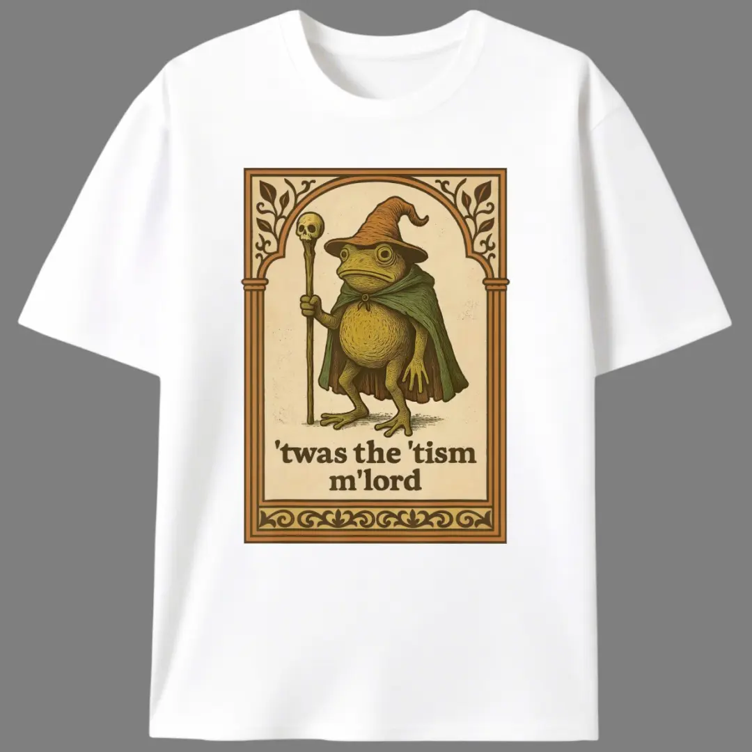 Men's Neurodivergent Tism Frog Wizard Meme Print Knit Tshirt - Round Neck, Short-Sleeve, Unisex Casual Stretch Cotton Menswear Top for Thanksgiving, Chinese New Year, Valentine's Day