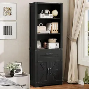 Vabches Bookshelf with Storage Cabinet, Farmhouse Bookshelf with Adjustable Shelves Tall Bookcase with Barn Doors and Drawer Freestanding Display Book Shelf for Office Living Room