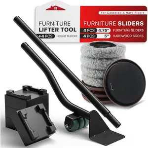 Multi-Surface Furniture Sliders & Furniture Lifter Tool Set - 4 count 5" Sliders for Furniture with Furniture Jack. Move Your Furniture Easily with Furniture Movers for Hard Floors & Carpets