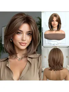 12-inch women's center-parted, fluffy synthetic high-temperature silk rose mesh cap wig, elegant and suitable for makeup-free looks, cosplay, music festivals, parties, etc., versatile and flattering for everyone.