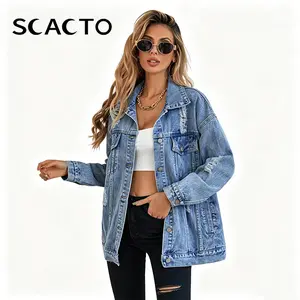 Scacto Women's Long Oversized Denim Jacket Boyfriend Ripped Distressed Jean Coats Tops Outerwear Casual Womenswear Fitted Comfortable Fabrics Collars Tassel Everyday