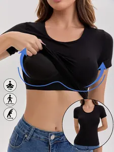 Women's Slim Fit Sports Top with Built in Bra - Comfortable and Breathable T-Shirt, Suitable for Sports and Casual Wear, Spring/Summer