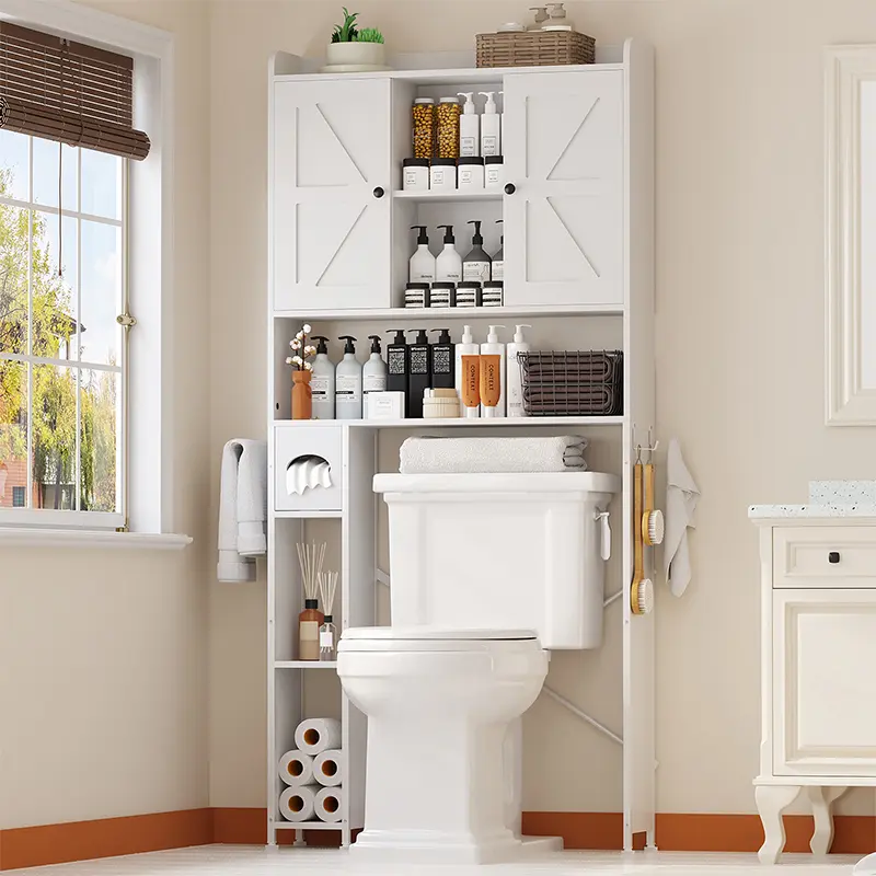 Wood Over-The-Toilet Storage Cabinet - 2025 Newest Version, 2 Barn Doors, 7 Shelves, Metal Frame, Waterproof Bathroom & Laundry Organizing Indoor Cupboard Furniture Accessory