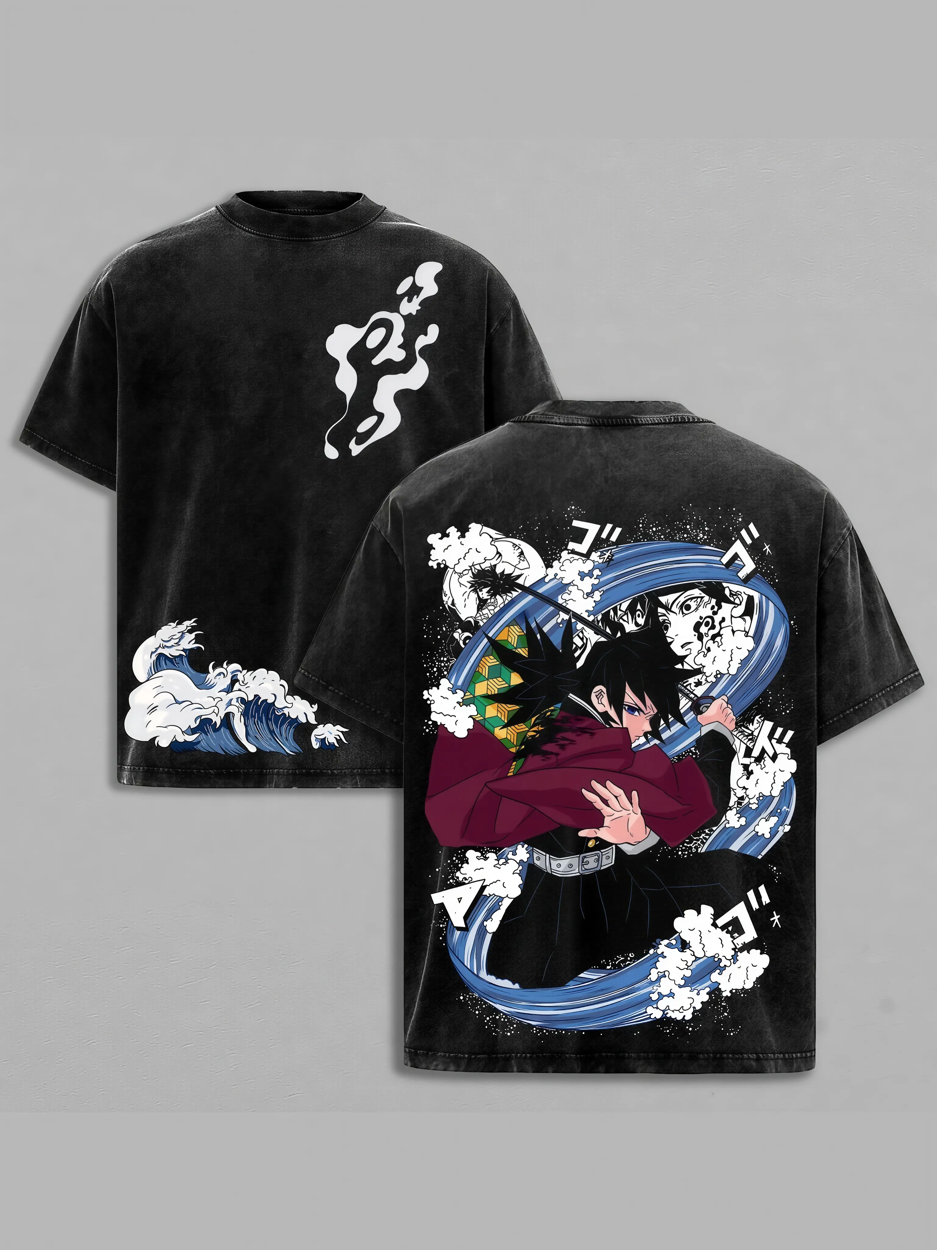 Giyu Tomioka Demon Slayer Vintage Washed Oversized T-Shirt – Water Hashira Anime Graphic Tee, Heavy Cotton Double Printed Kimetsu No Yaiba Streetwear, Unisex Manga Fan Gift