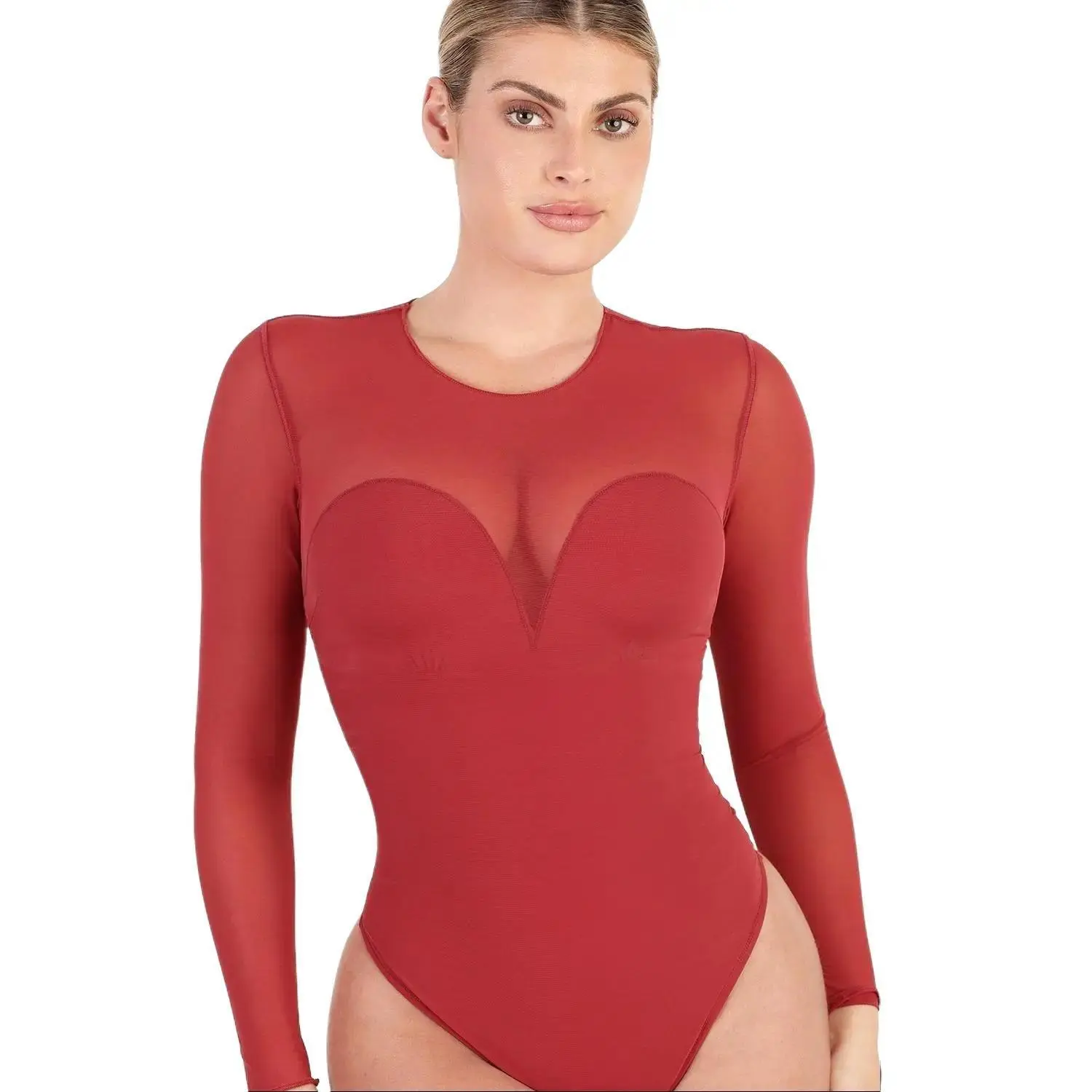 Popilush Sheer Mesh Long Sleeve Thong Shapewear Bodysuit  Crewneck Fabric-Creator Live
