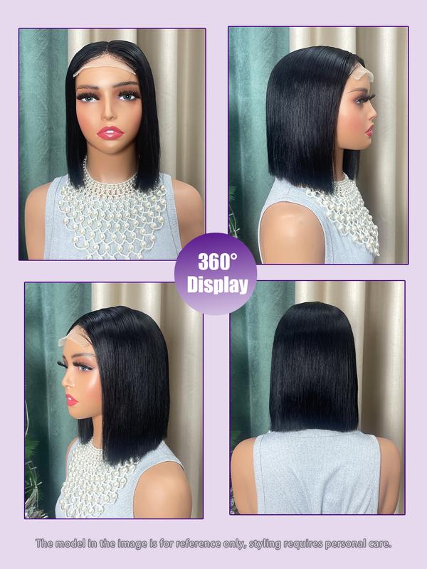 Human Hair Double Drawn Bob Wig, 4x4 Lace Frontal Pre-Plucked Natural Hairline with Elastic Band, Human Hair Short Straight Blunt Cut Wigs for Women,10 inch