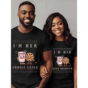 Matching Couple Christmas Pajama Tops - 'I'm Her Cookie Eater, I'm His Milk Drinker' Design, Soft Cotton, Short Sleeve, Round Neck, Festive Holiday Tees for Couples, Mr. & Mrs. Matching Shirts, Christmas Loungewear | Playful Graphic Tees | Knit Pajama Top