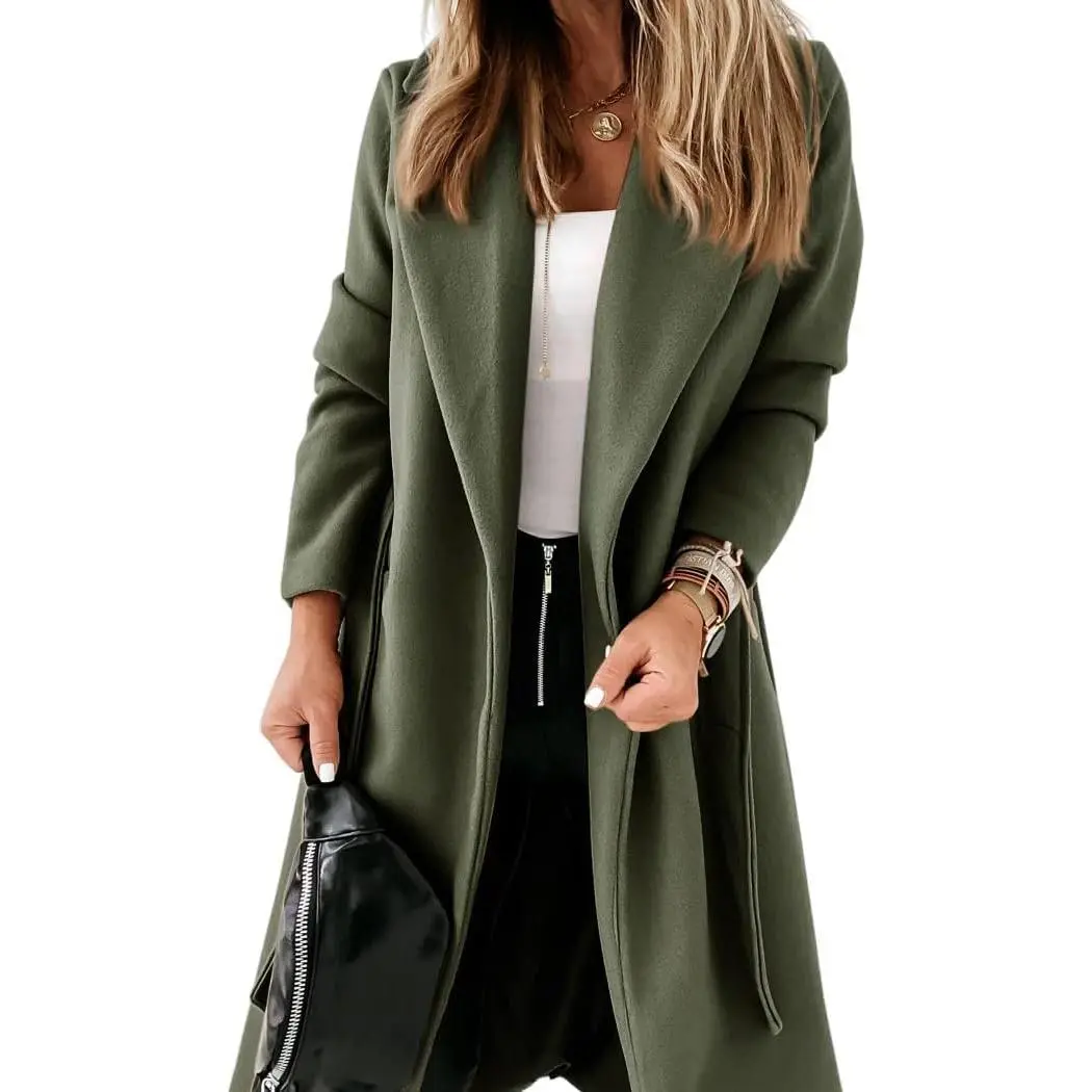 Imily Bela Womens Classic Coat Lapel Collar Open Front Belted Long Jacke