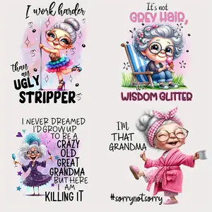 6-Piece Fashion Grandmother DIY Crafts Iron-On Transfer Stickers, Washable Heat Press Appliques for T-Shirts, Masks, Jeans & Backpacks