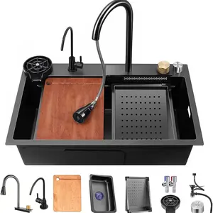 Bronstarz 33*22 INCH Nano Black Flying Rain Drop In Stainless Steel Watefall Kitchen Sink Single Bowl with Pull Down Faucet Set Accessories Included