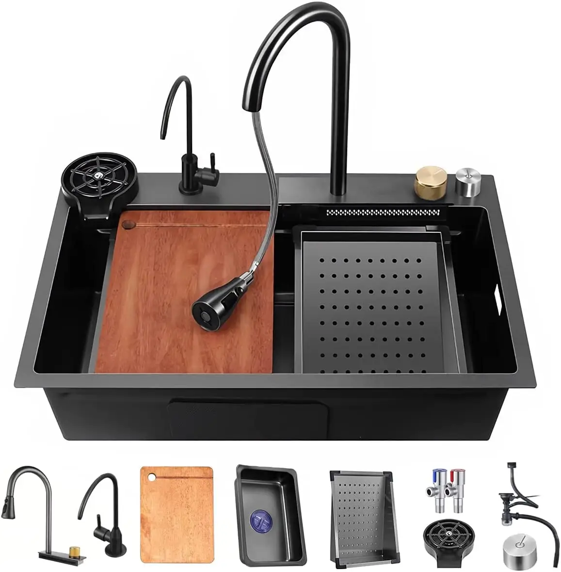Bronstarz 29.5*18 INCH Nano Black Flying Rain Drop In Stainless Steel Watefall Kitchen Sink Single Bowl with Pull Down Faucet Set Accessories Included