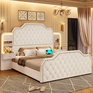 PU Leather Upholstered LED Bed Frame with 2 Nightstands White