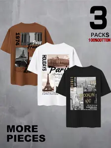 Men's Retro City Graphic Tee, 3-Pack 100% Cotton Casual Fitted T-Shirt, Paris & Nyc Landmark Print, Short Sleeve Long Silhouette
