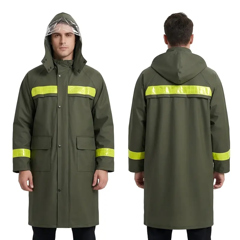 Men's Heavy Army Green PVC Rubber Waterproof Raincoat - Durable, Flexible Automotive & Motorcycle Gear with Breathable Inner Layer, Adjustable Hat, Reflective Tape for Enhanced Visibility