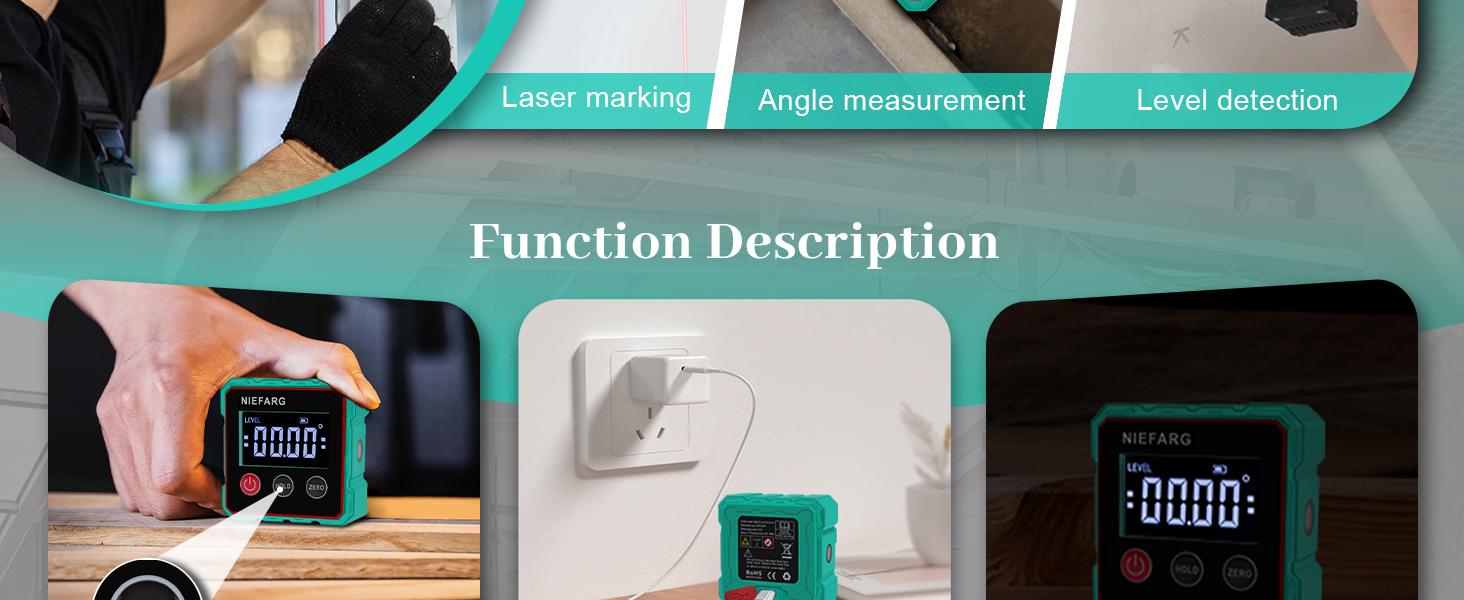 Magnetic Digital Angle Finder with Dual Laser Guide & 360° Magnetic Attachment Rechargeable Angle Meter for Woodworking Construction and Machinery
