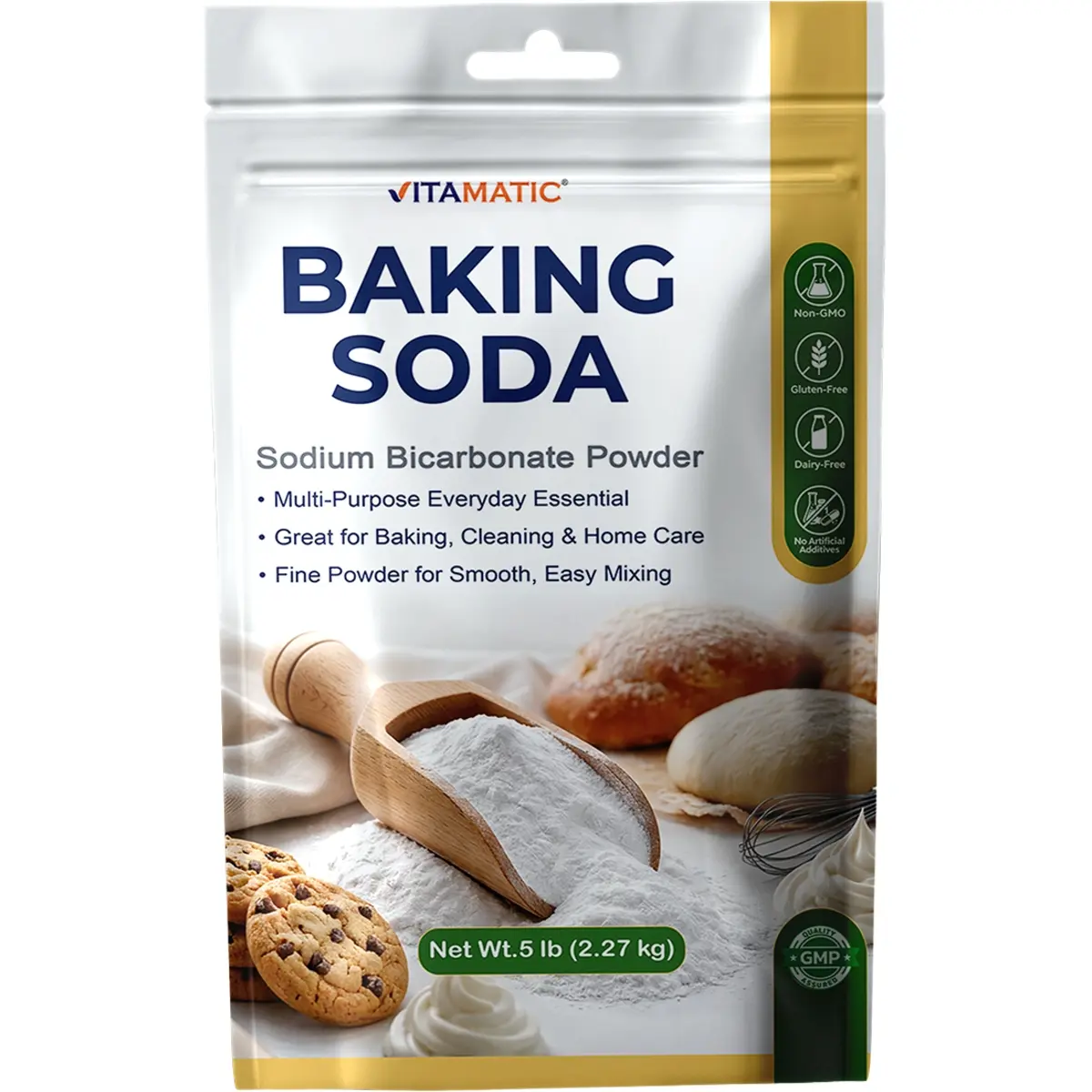 Vitamatic Baking Soda Fine Powder - 5 lb (2.27 kg) Sodium Bicarbonate Bulk Large Size Container, GMO-Free, Gluten-Free, No Artificial Additives, Easy Mixing, Adult-Friendly, Great for Baking & Cooking, Improves Texture