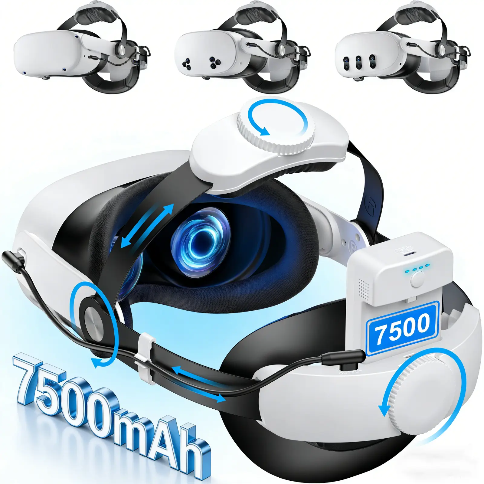 Head Strap for Meta Quest 3S/3/2 with 7500mAh Hot-Swap Battery VR Headset Strap