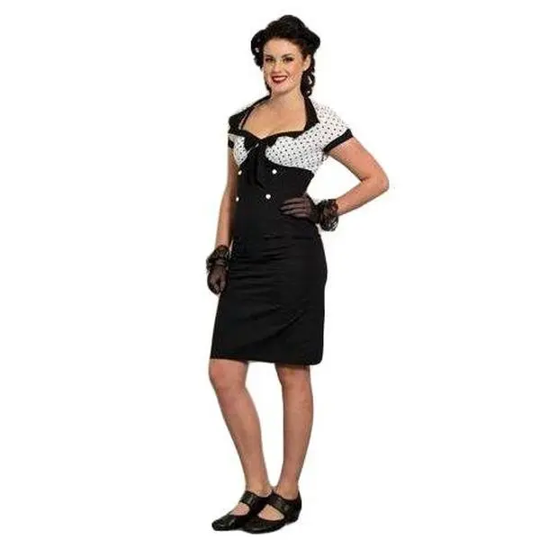 Retro Polka-Dot Wiggle Dress for Women in White & Black, Figure-Fit Stretch Cotton Spandex with a Contrast Collar, Skirt, Zipper, Elastane, 4X, 1X, Bow, Casual, 6X, M, Fitted, Casual Wear, Hidden Zipper