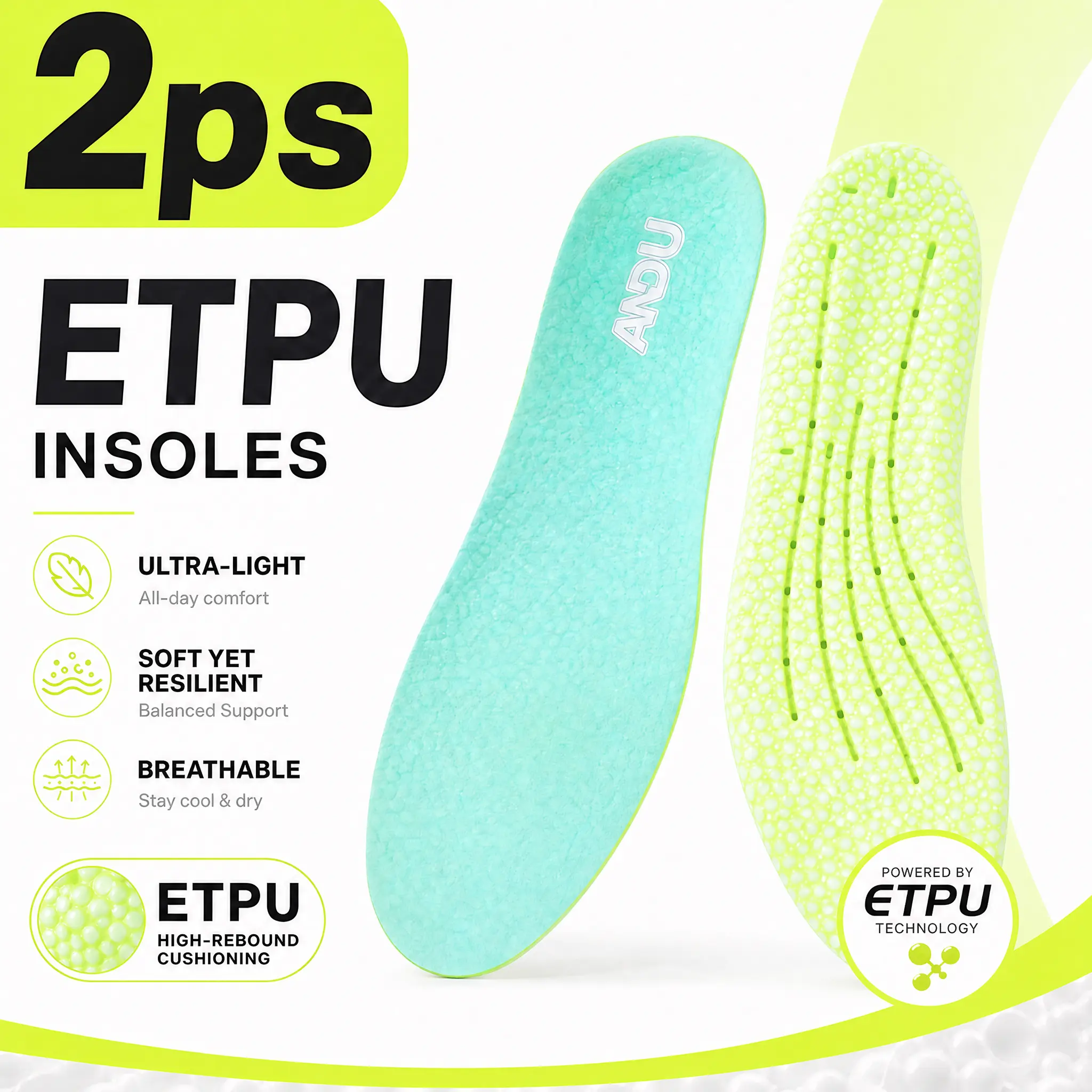 ANDU 2-Pack Popcorn Texture ETPU Foam Shoe Inserts - Cloud Cushion for Plantar Fasciitis Relief, Shock Absorption, Outdoor Sports & All-Day Standing Footwear