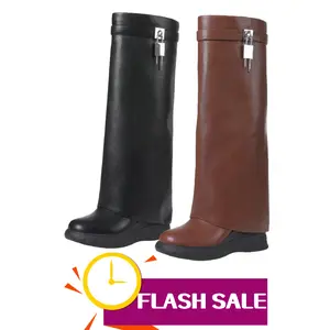 Women's Knee High Fold Over Cuffed Round Toe High Heel Wedged Boots