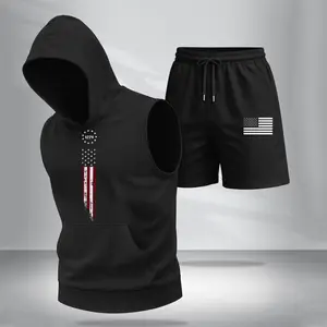 Two-Piece Set Men's American Flag PrintHooded Tank Top & Shorts Set, Regular FitCasual Athletic Fashion Activewear SleevelessTop & Shorts, Men's Summer Clothes