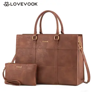 【NEW IN】LOVEVOOK Laptop Bag for Women, 15.6 and 17.3-inch Women's Work Handbag, Large Capacity Waterproof Vintage PU Leather Briefcase, Multi-Pocket Daily Handbag,Equipped with a Small Bag and Adjustable Shoulder Strap, Suitable for Multiple Scenes