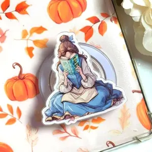 Bookish Girl Phone Grip Accessory, Aesthetic Reader Gift for Book Lovers, Hand Drawn Bookworm Phone Holder, Vintage Library Theme Phone Stand, Cozy Reading Nook Design for Bookish Community.