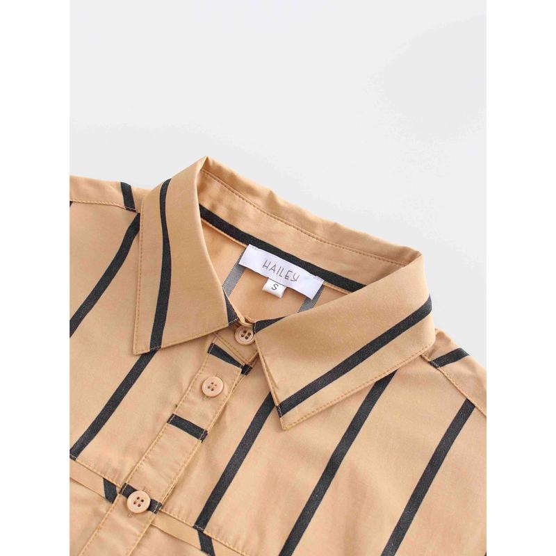 Rounded Hem Button Down Shirt-Tan/Black