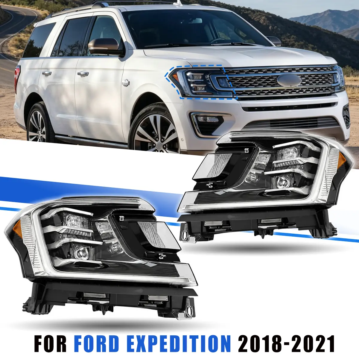 2018-2021 Ford Expedition – LED Headlight Assembly Pair Left & Right | High-Transmission Lens | Direct Replacement | JL1Z13008M / JL1Z13008L