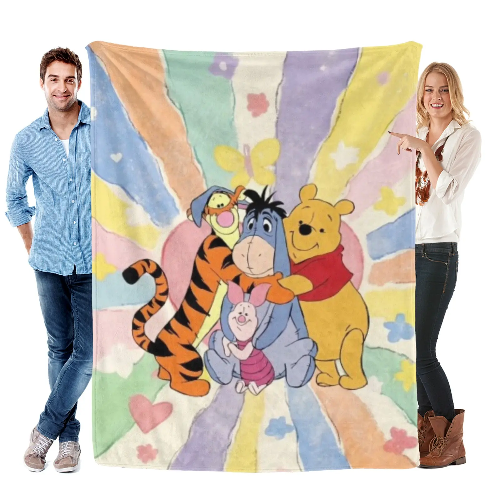 DISNEY CLASSIC Winnie the Pooh & Friends Flannel Blanket – Pooh, Tigger, Eeyore & Piglet Cute Friendship Hug Pastel Rainbow Design, Soft Cozy Lightweight Fleece Throw for Bed, Couch, Sofa, Travel & Gifts