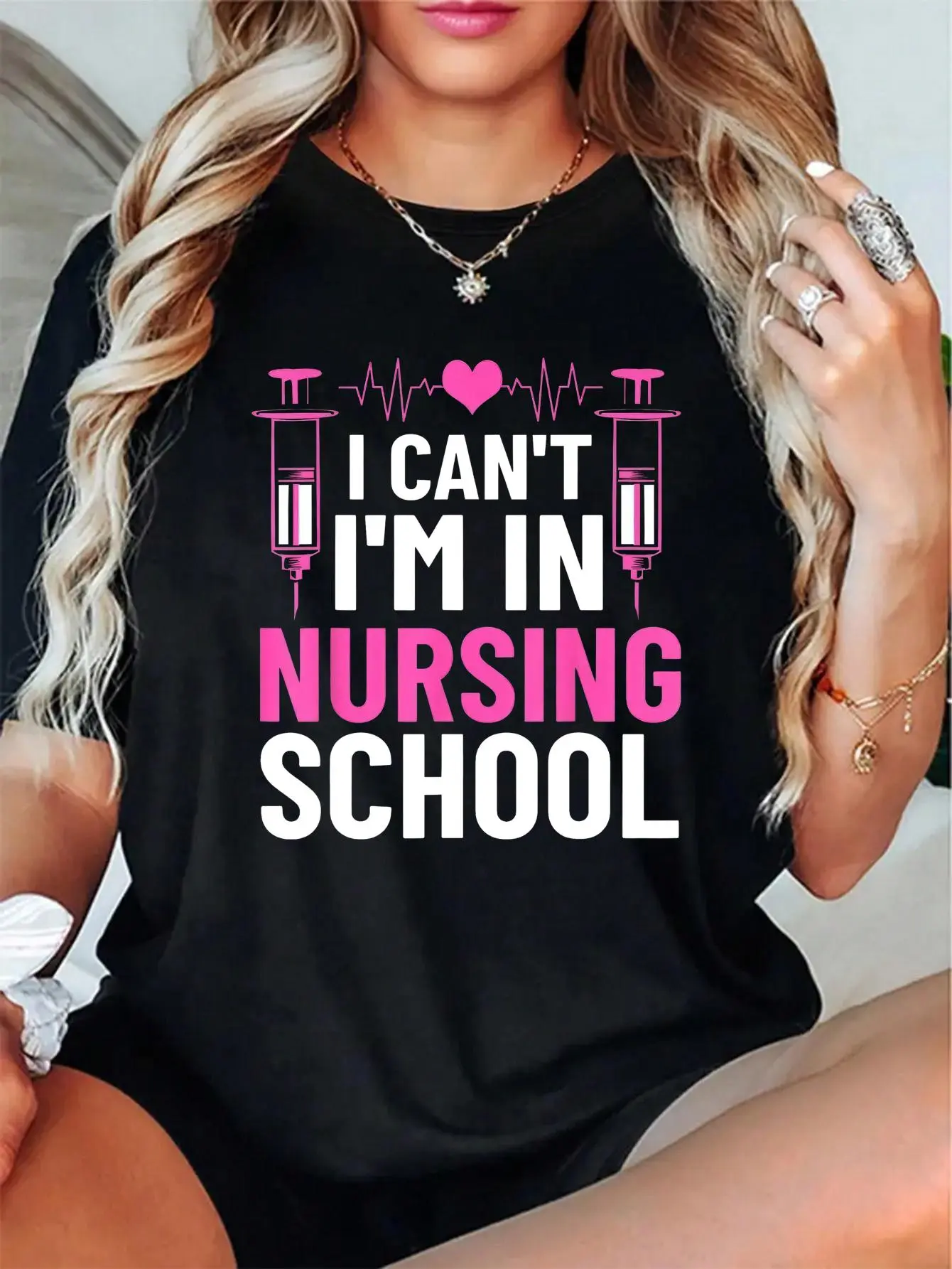 100% Cotton Unisex I Can't I'm In Nursing School Nursing Student Future Nurse T-Shirt Women's Men Graphic Tee, Printed Round Neck Short Sleeve T-Shirt Top
