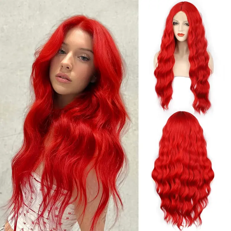 Red Wig Long Red Wavy Wigs for Women Middle Part 26 inch Natural Curly Synthetic Wig Heat Resistant Fiber Wigs for Daily Party Use