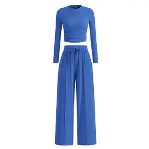 Two piece ribbed knitted long sleeved crop top, wide leg pants paired with casual set, pajamas, pajamas