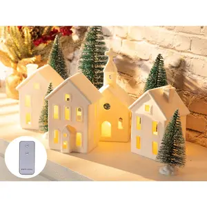 9 Pcs Christmas Village Figurines Sets - 4 Lighted Ceramic Houses with Remote Control & 5 Trees - Christmas Decorations Indoor - White Xmas Holiday Farmhouse Rustic Decor for Home Table Room