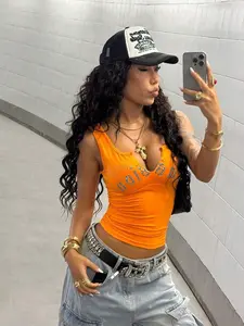 ZESTY Urban Style Women's Spring/Summer Streetwear Rhinestone Embellished Printed Tight Yoga Sports Orange Tank Top, Minimalist Subculture Style Fitted Top