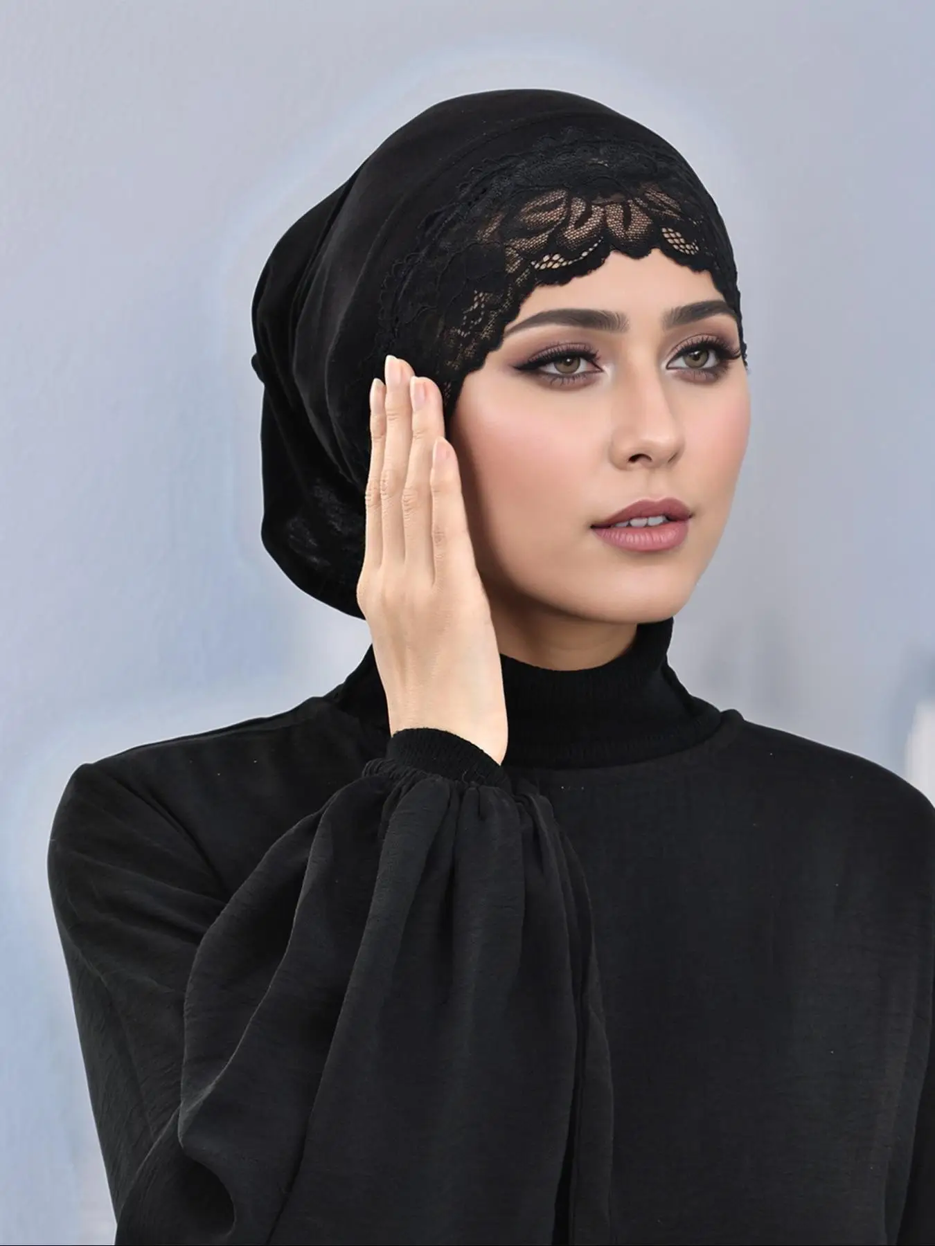 Women's Solid Color Lace Trim Instant Hijab, Modest Casual Soft Comfortable Hijab for Daily Wear, Fashion Muslim Clothing for Women