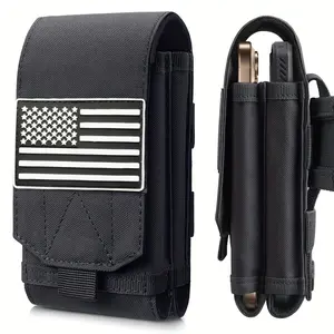Double-Layer Phone Bag with Flag - Durable Nylon Military-Style Design, Reinforced Corners & Zippered Compartments for Hunting, Fishing, Outdoor Activities - Black, Fishing Accessory Bag, Patriotic Accessory, Sturdy Construction