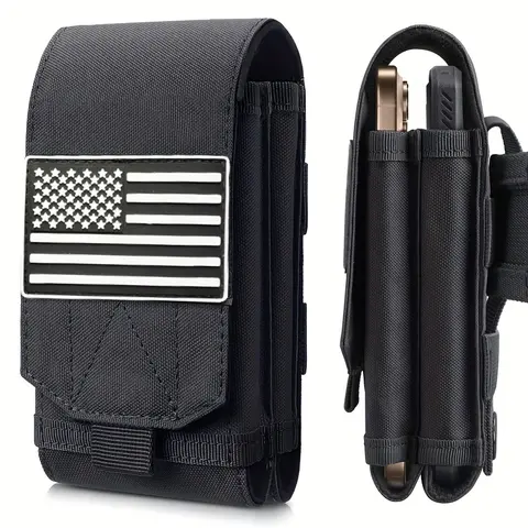LUCIERNAGA Tough Nylon Military-Style Double-Layer Waist Belt Bag - Zipper Fanny Pack, Belt Pocket Holder, Flag Patch, Side Pouch, Reinforced Corners, Casual Outdoor Accessory for Hunting - Black, Sturdy Zippered Compartments