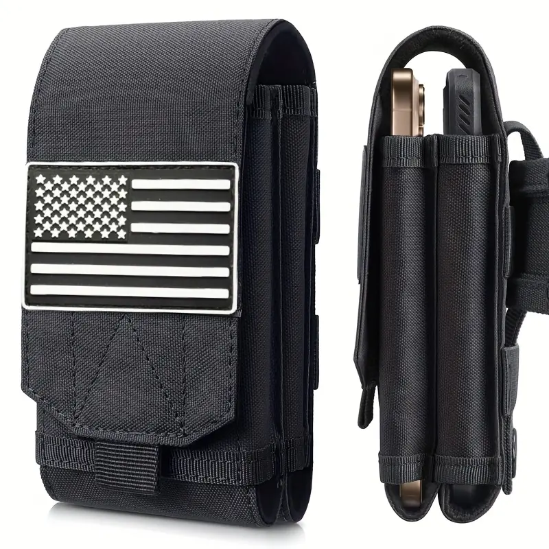 LUCIERNAGA Tough Nylon Military-Style Double-Layer Waist Belt Bag - Zipper Fanny Pack, Belt Pocket Holder, Flag Patch, Side Pouch, Reinforced Corners, Casual Outdoor Accessory for Hunting - Black, Sturdy Zippered Compartments