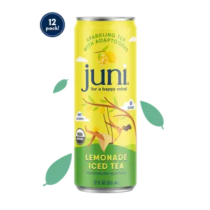 Juni Lemonade Iced Tea, Sparkling Adaptogen Drink, Lions Mane, Ashwagandha, Green and Black Tea, Zero Sugar (12 pack)