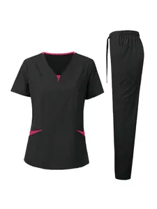 Men V-Neck Short Sleeve Scrub Set, Breathable Lightweight Workwear with Pockets for Pet Hospital Spa Beauty Salon