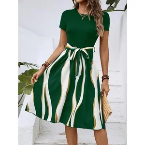 Women's Summer Dress Tie Waist Modest Midi Dress Short Sleeve A Line Belted Dress Daily Casual