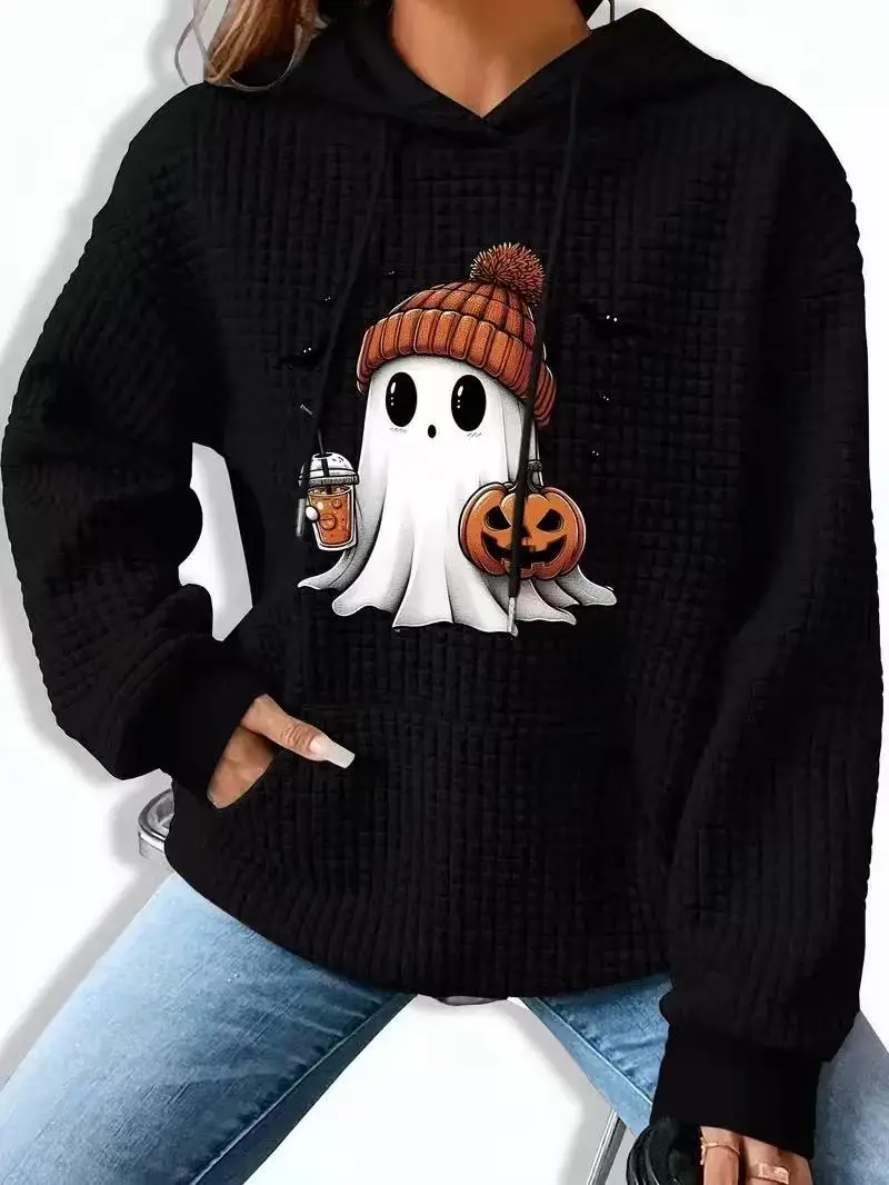 Women's Holiday Ghost Graphic Hoodie, Soft Knitting Pullover with a Hooded Neck and Kangaroo Pocket, Party, Baggy, Halloween, Waffle, Pullover Hoodie, Cute, Fabric