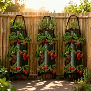 2pcs Wall-mounted Strawberry Planting Bags, Wall Hanging Planting Bags, Hanging Multi-hole Strawberry Planting Bags for Balcony & Courtyard, Suitable for Scindapsus and Vegetables, Breathable, Water-permeable, Biodegradable, Durable and Reusable