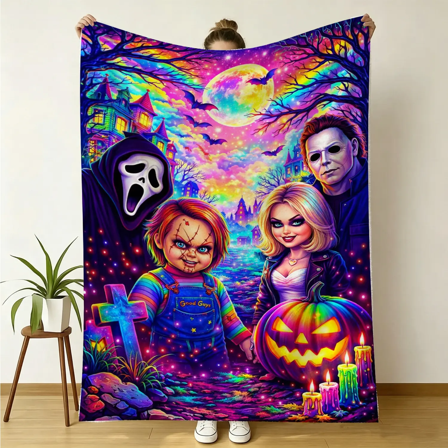 Vibrant neon rainbow Halloween horror classic movie characters flannel blanket, featuring Chucky, Tiffany, Ghostface and Michael Myers, soft warm plush fabric, spooky home decor for Halloween party, perfect festive gift for horror movie fans
