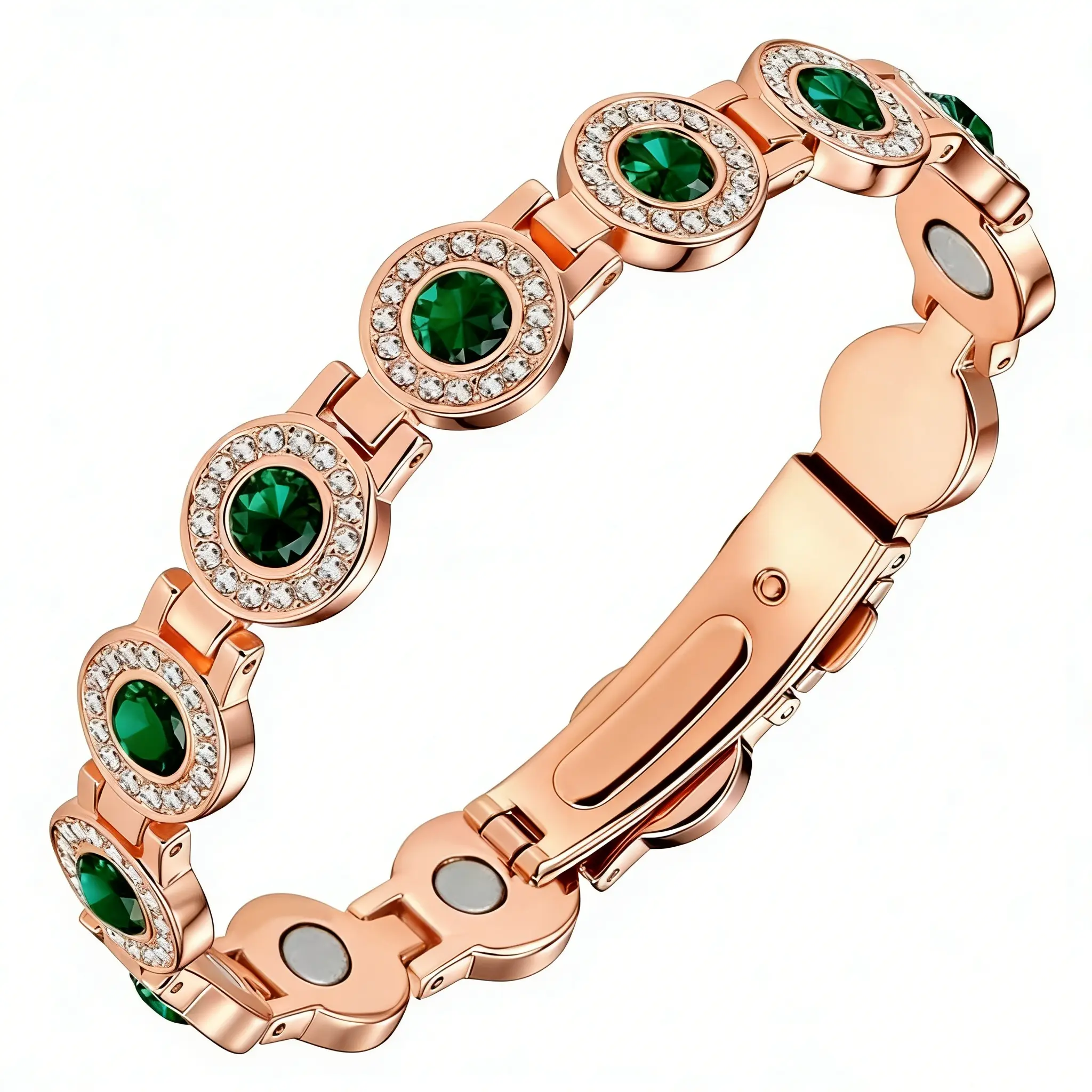 Unisex Round Full-Magnetic Therapy Bracelet - Stylish Single-Row, Anti-Static, Rose Gold with Crystal Dots, 3rd Gen Watch Clasp Design, All-Season Fashion Accessory