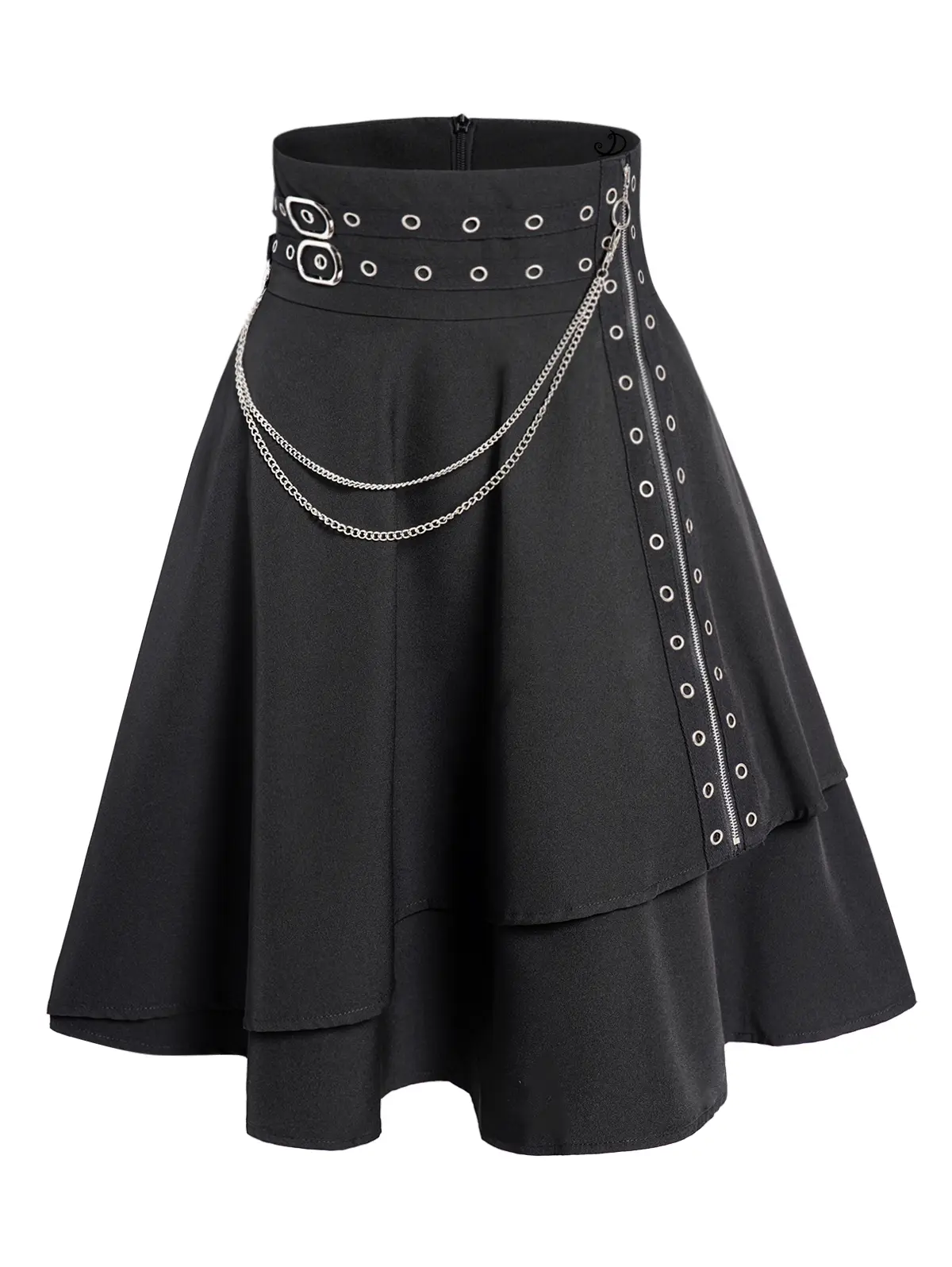 DRESSLILY 2026 Women's Gothic Skirt Plain Color Grommet Chain Embellishment Zipper Fly Layered A Line Mini Skirt